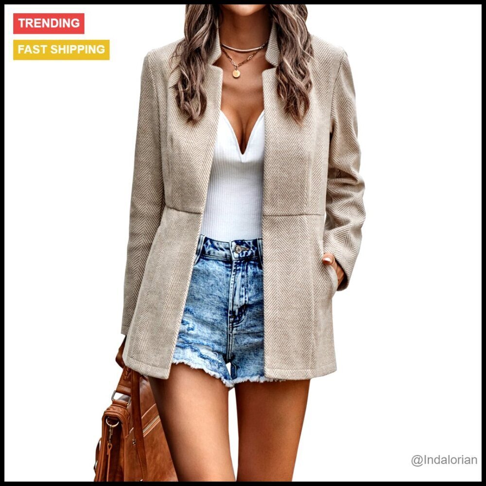 Classic Trench Blazer Jacket Open Front Stand Collar Elegant Office Work Wear